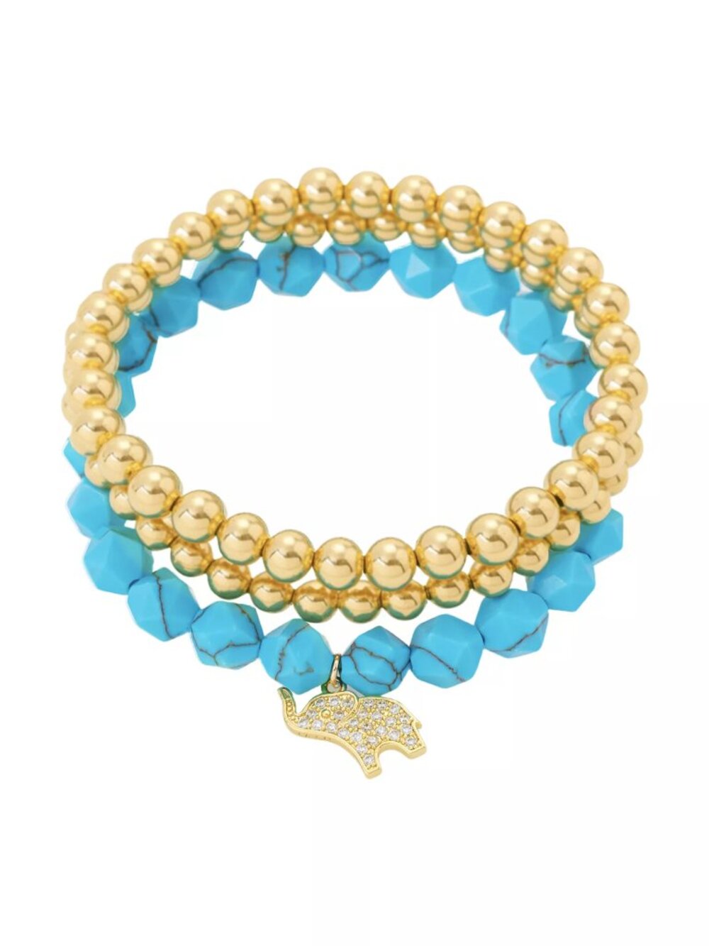 Blue Turquoise and Cubic Zirconia Elephant Pendant Trio Stretch Bracelet Set